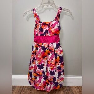 My Michelle pink orange sleeveless floral dress tulle underlay satin belt sz 12